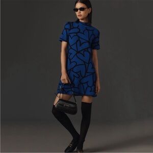 Anthropologie Blue Heart Print Knit Short-Sleeve Dress NWT!